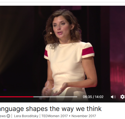 Image of Lera Boroditsky presenting a TED Talk "How Language Shapes the Way We Think"