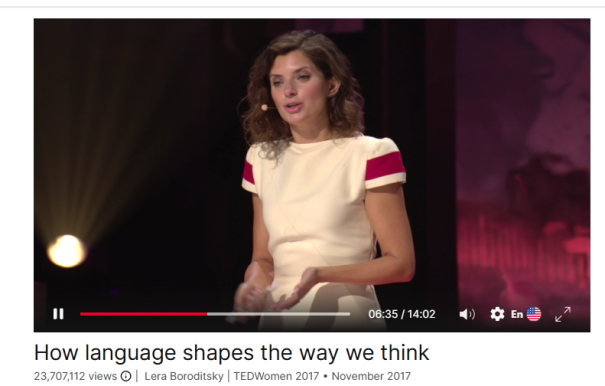 Image of Lera Boroditsky presenting a TED Talk "How Language Shapes the Way We Think"